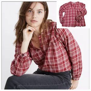 Madewell Women's Balloon Casual Long Sleeve Peasant Top Plaid Red Wine XS